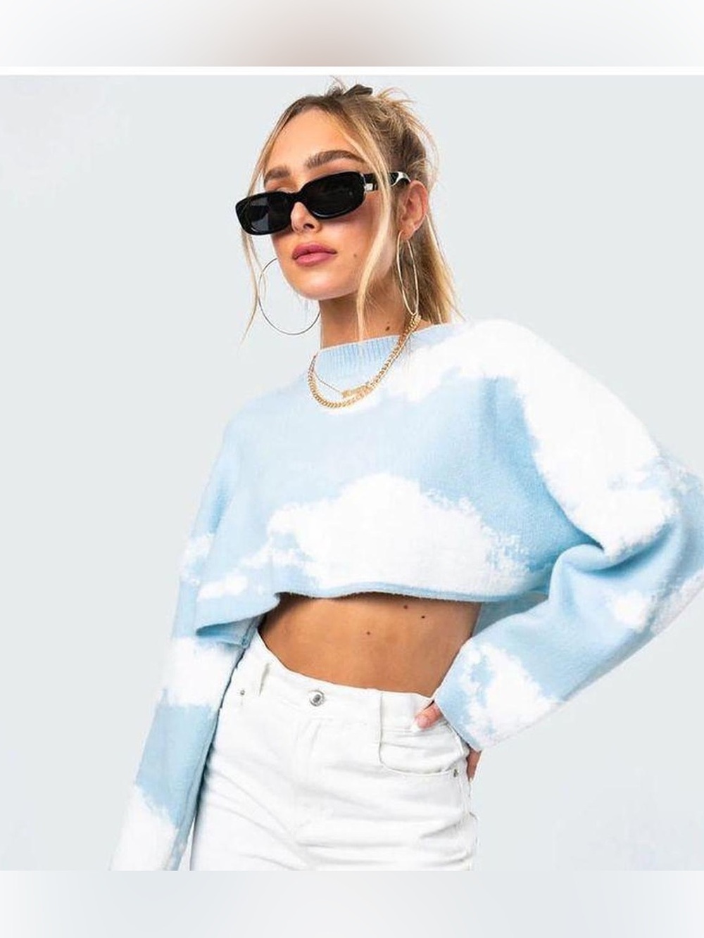 Edikted Light Blue White Cloud Print Crop Knit Sweater Size M Y2K Coquette